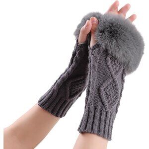 Women's Gray Winter Arm Warmers Wrist Thumb Hole Faux Fur Fingerless Gloves